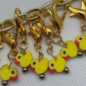Set of 12 Stitch Markers - Decorative - Gold Tone With Clay Rubber Ducks